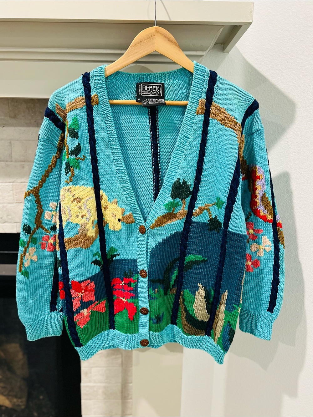 Vintage 1988 Berek Hand Knit Tropical Jungle Novelty Cardigan Sweater